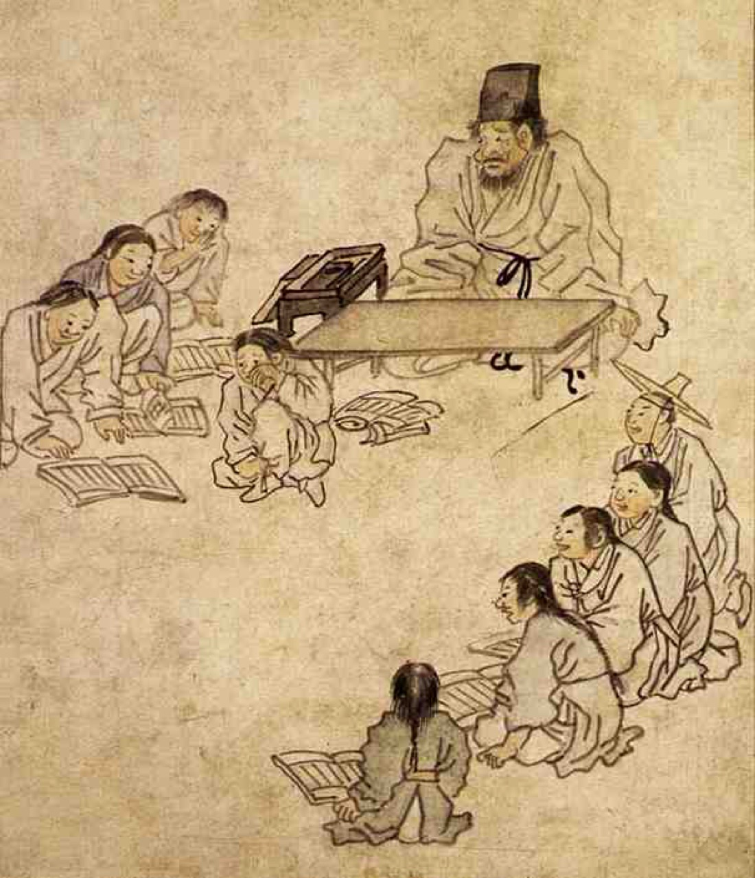 김홍도 〈서당〉 — 훈장 앞에서 우는 아이와 키득대는 동무들. 글 없이 표정만으로 장면이 읽힙니다.