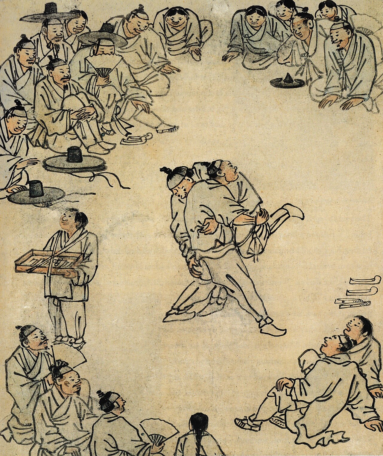 김홍도 〈씨름〉 — 둥글게 둘러앉은 구경꾼의 시선이 가운데 두 사람에게 모입니다. 글 없이 표정만으로 승부가 읽히는 조선의 한 장면.