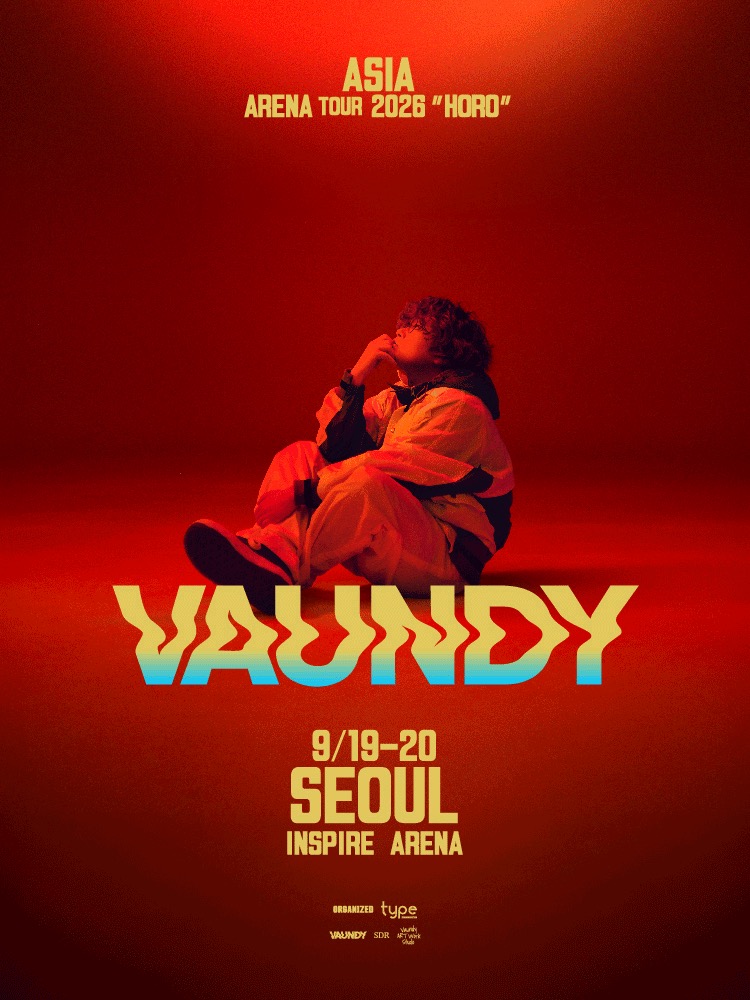 붉은 배경에 바닥에 앉은 바운디의 사진과 그라데이션 'VAUNDY' 타이틀, 'ASIA ARENA TOUR 2026 HORO', '9/19-20 SEOUL INSPIRE ARENA'가 적힌 공연 공식 키비주얼입니다.